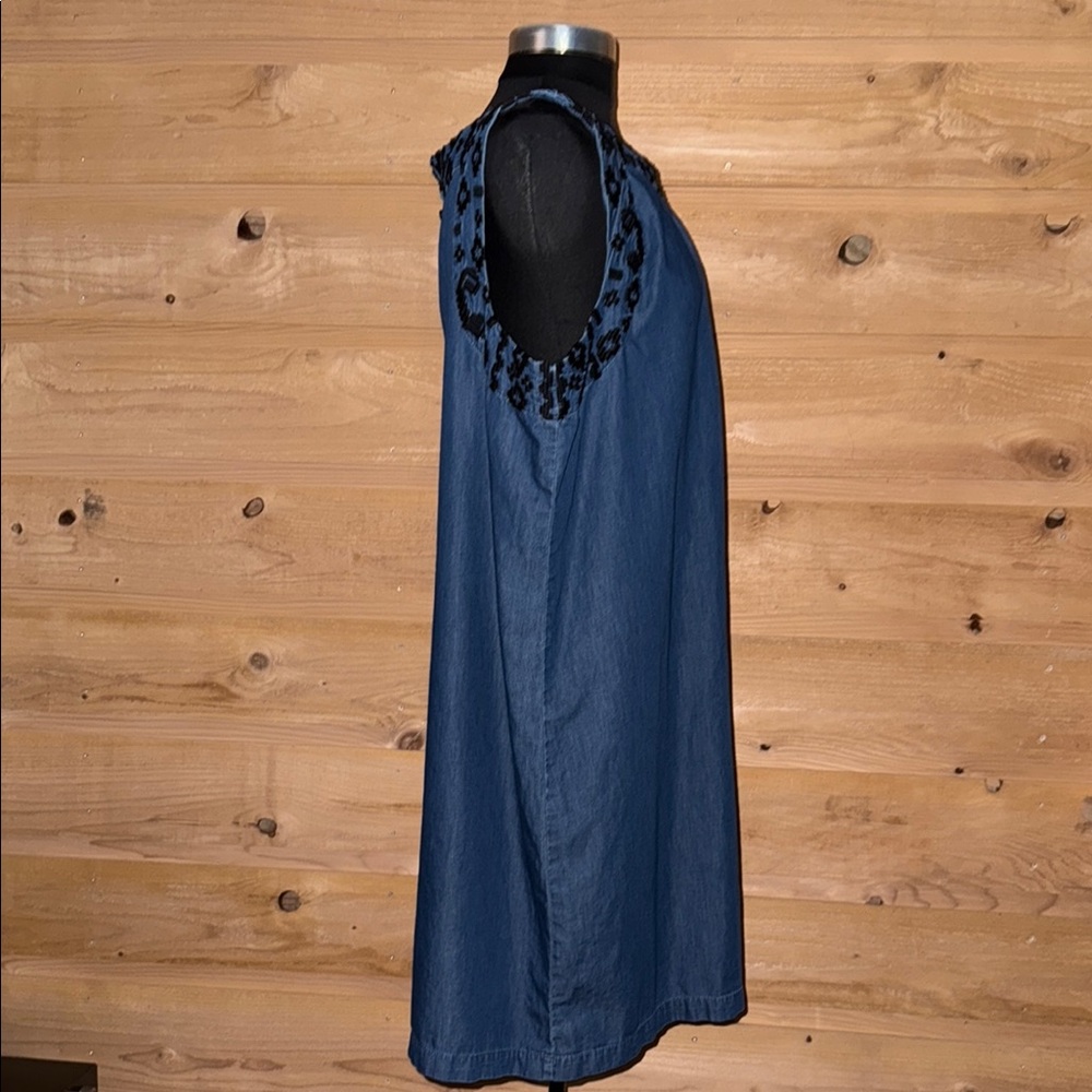 Blue Chambray sleeveless shift dress Black embroidery XXL festival summer - Picture 5 of 10